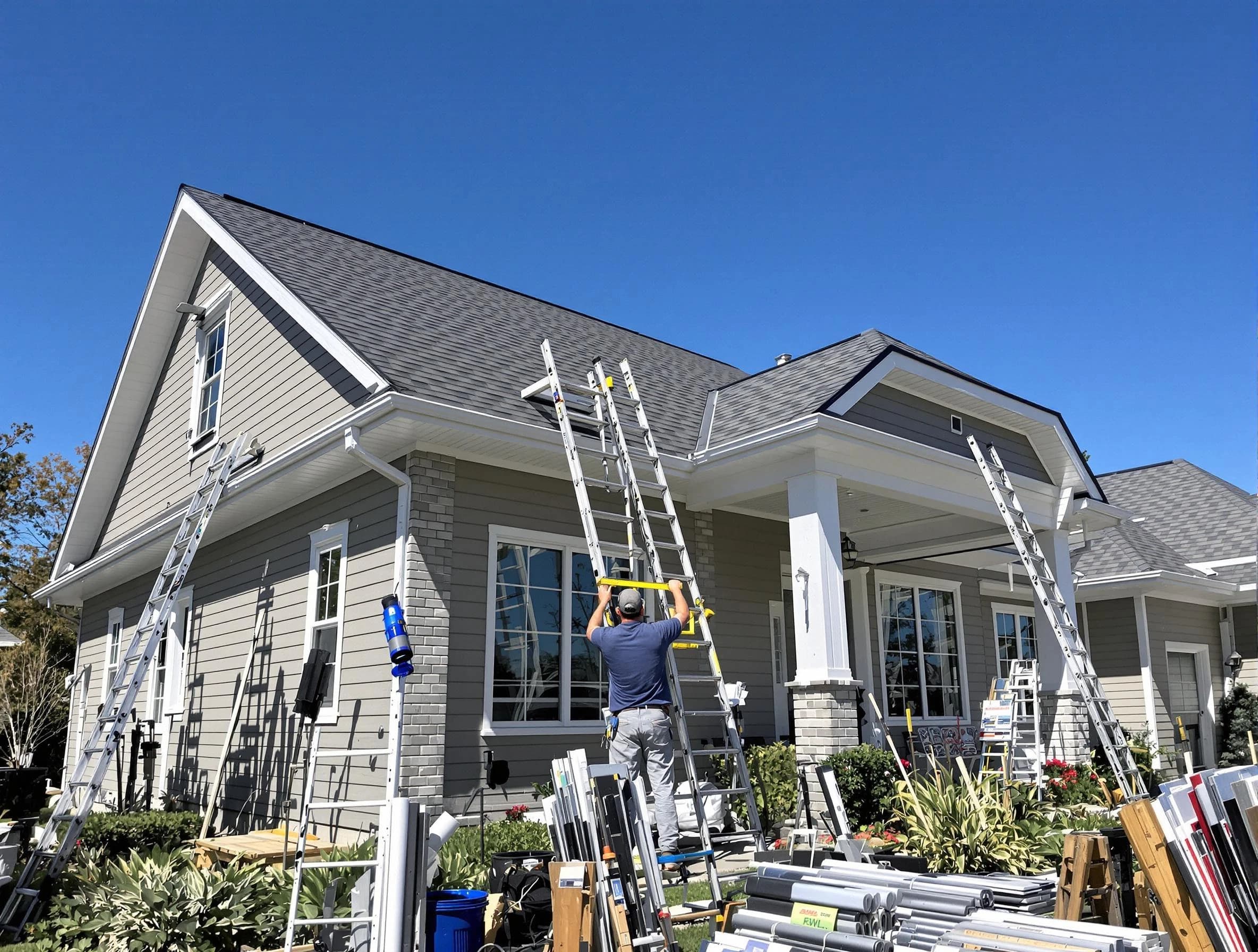 Lakewood Roofing Company fitting rain gutters at a home in Lakewood, OH