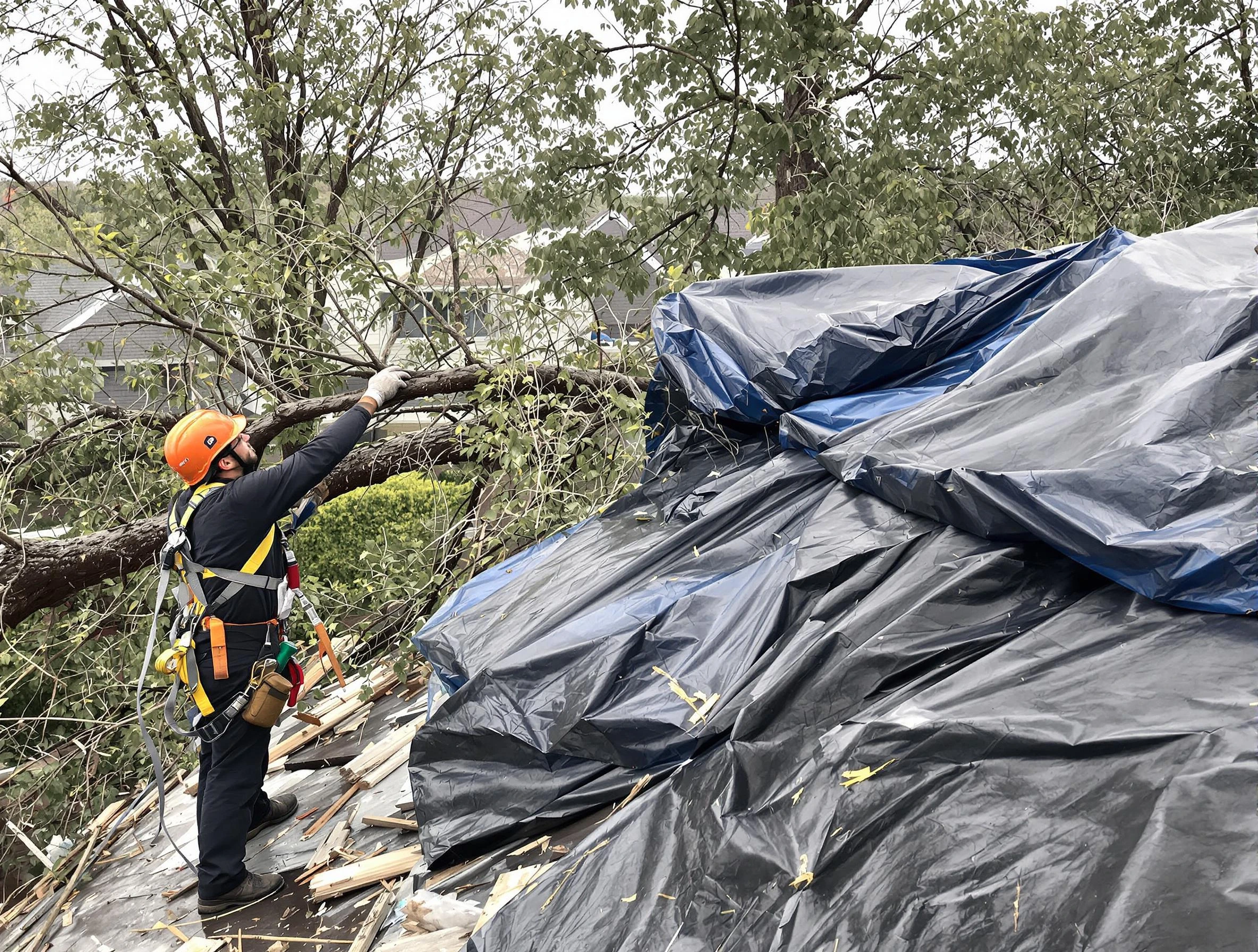 A tarped roof after storm damage repaired by Lakewood Roofing Company in Lakewood, OH