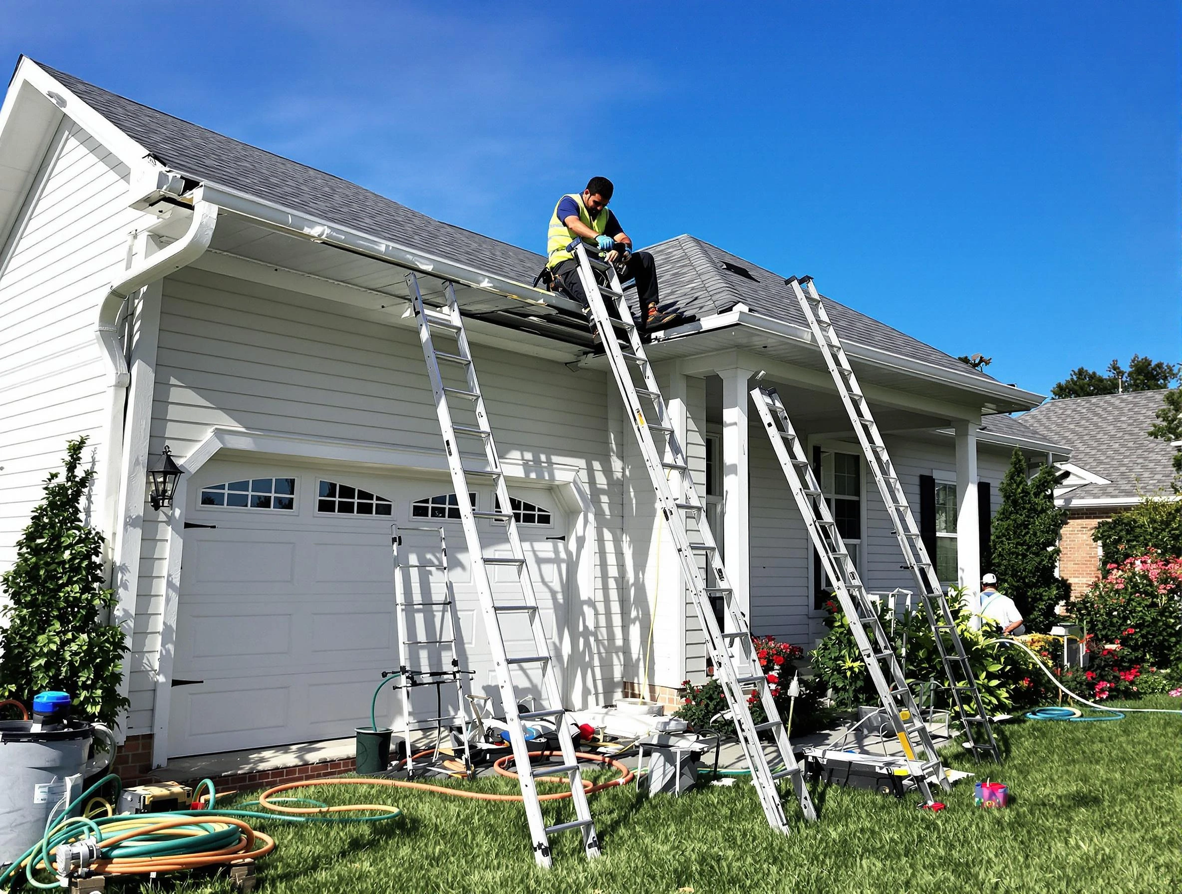 Removal of old gutters by Lakewood Roofing Company to install new system in Lakewood, OH
